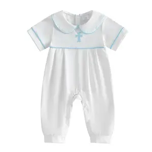 Baby Boy Girl Easter Christening Romper Baptism Outfit Short Sleeve Peter Pan Collar Cross Embroidery  Jumpsuit Church Summer Clothes