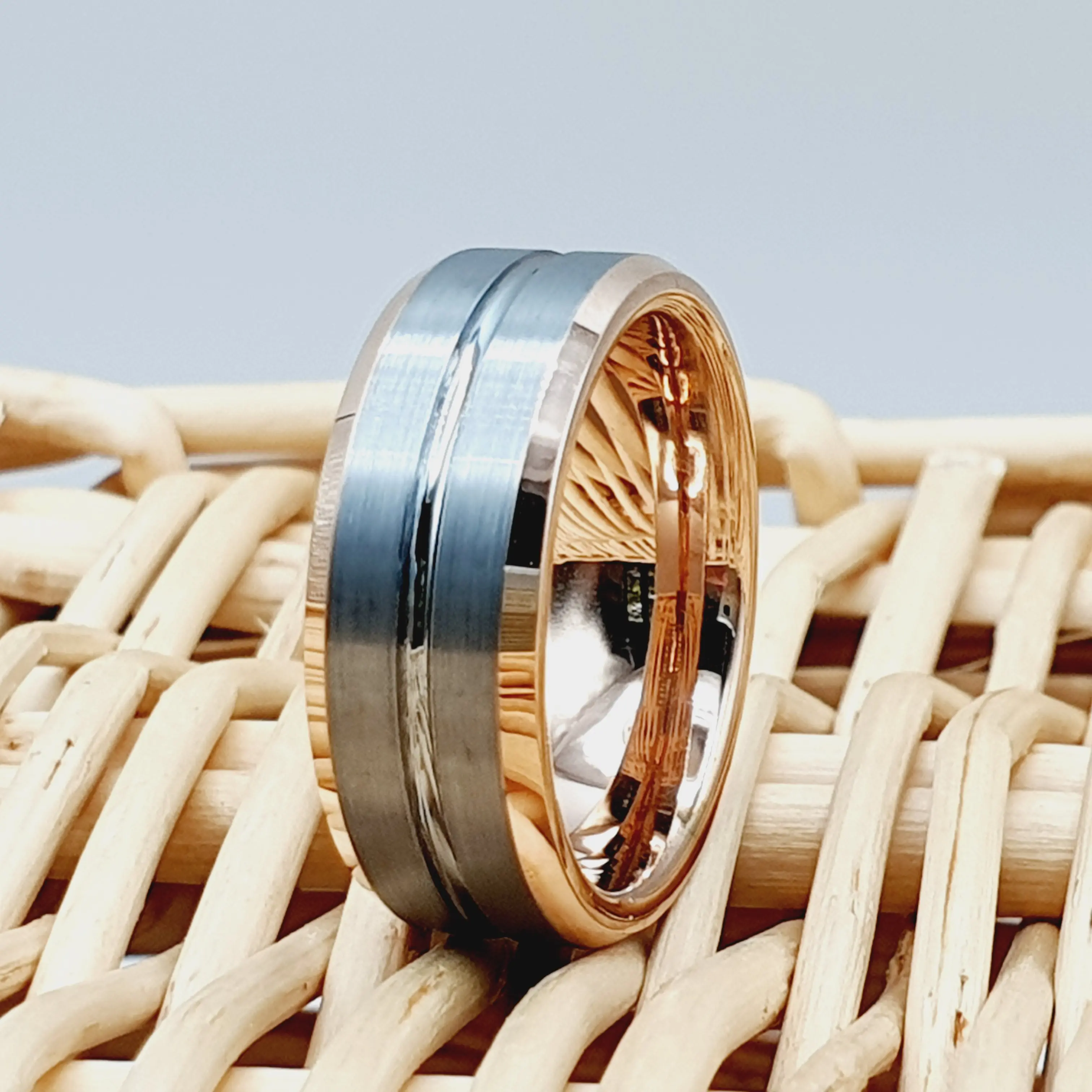 Men's Beveled Edge Rose Gold and Brushed Tungsten Custom Engrave Wedding Ring