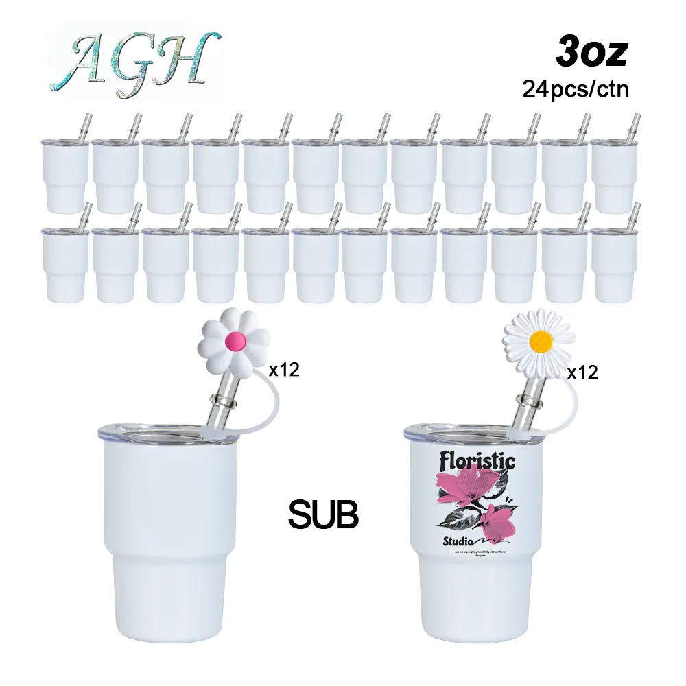 AGH 24pcs 3oz Sublimatiom Mini Shot Tumblers with Silicone Straw Topper/Cover Stainless Steel White Blank Cups for Wedding Birthday Party Drinkware