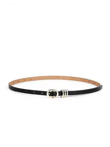 Ettika Classic Skinny Belt in Black with Side Buckle Leather Gold Tone Hardware 0.4" Height Premium Leather Durable Versatile Design