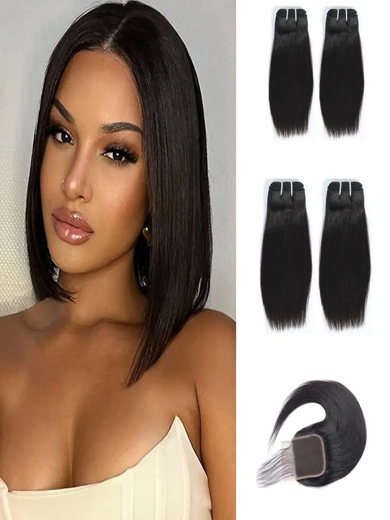 10-inch & 12-inch (Including 12-inch Weft) Short Human Hair Bundles — 50g per Bundle | Natural Color | 4-Bundle Pack (Including Weft) | Grade 10A Brazilian Virgin Hair | 100% Unprocessed Straight Hair Bundles