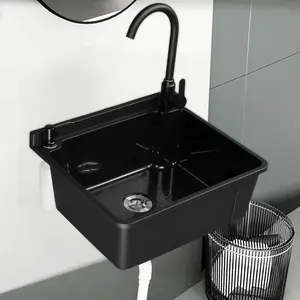 9-Gallons Plastic Wall-Mounted Utility Sink, Wall-Mounted Utility Tub with Wall Bracket, Hot&Cold Faucet, Drain Plug, Perfect for Basement, Laundry Room, Garage or Shop and More, Black summervibes