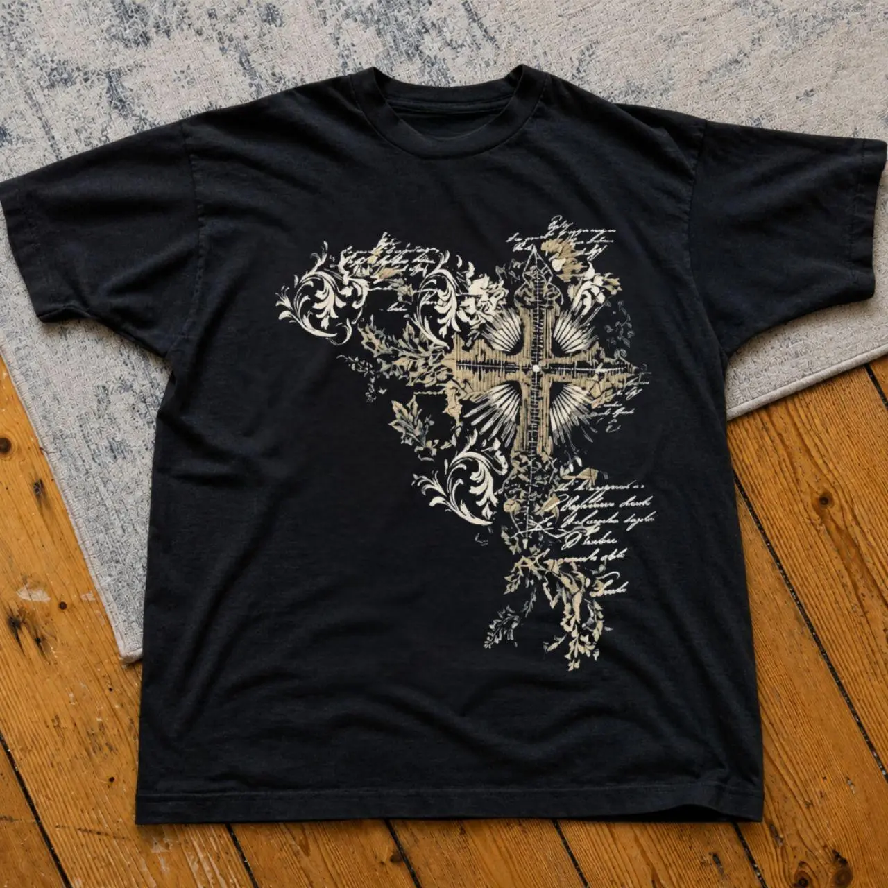 Men's T-shirt, Gothic Floral Cross Graphic Tee, Floral Cross T Shirt, Dark Aesthetic Shirt, Vintage Grunge Tee, Y2K Streetwear Shirt, Alternative Unisex T Shirt