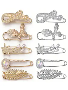 10pcs Vintage Style Brooch Pins, Butterfly Star Flower Leaf Designs, Shaped Badges, Rhinestone Adjustable Clips for Scarves Hats, Fashion Accessories