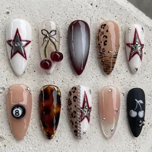 Grunge Press on Nails 3D Cherry 8-Ball Cherry Leopard Rocker Y2K Charm