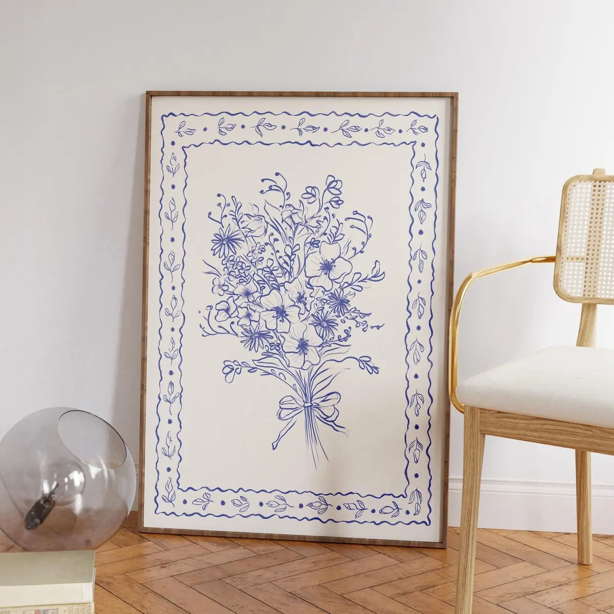 Chinoiserie Wildflower Wall Art – Vintage Blue Floral Poster with Botanical Fine Line Drawing, Bohemian Aesthetic Print for Bedroom or Apartment, Unframed | 5 Sizes (8x12–27x40 inch)