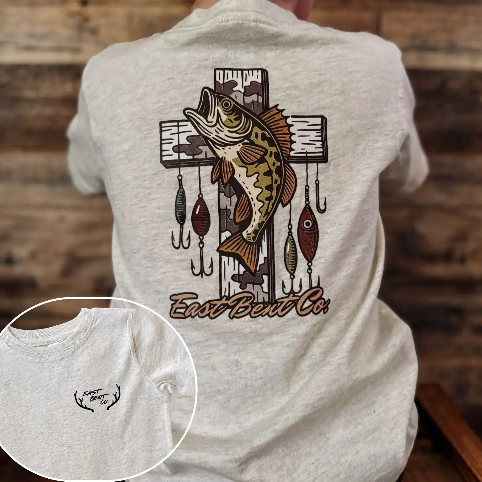 Youth & Adult Fishing Cross Graphic, Outdoor Angler Christian Bass Fish T-shirt, Faith Based Casual Tee for Fishing Lovers, Apparel Made In The USA