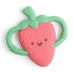 Strawberry-Shaped Baby Teether with Handles; Silicone Teether for Babies with Easy-Grab Handles and Textured Teethable Surfaces - Baby Teething Toy for 3 Months & Up