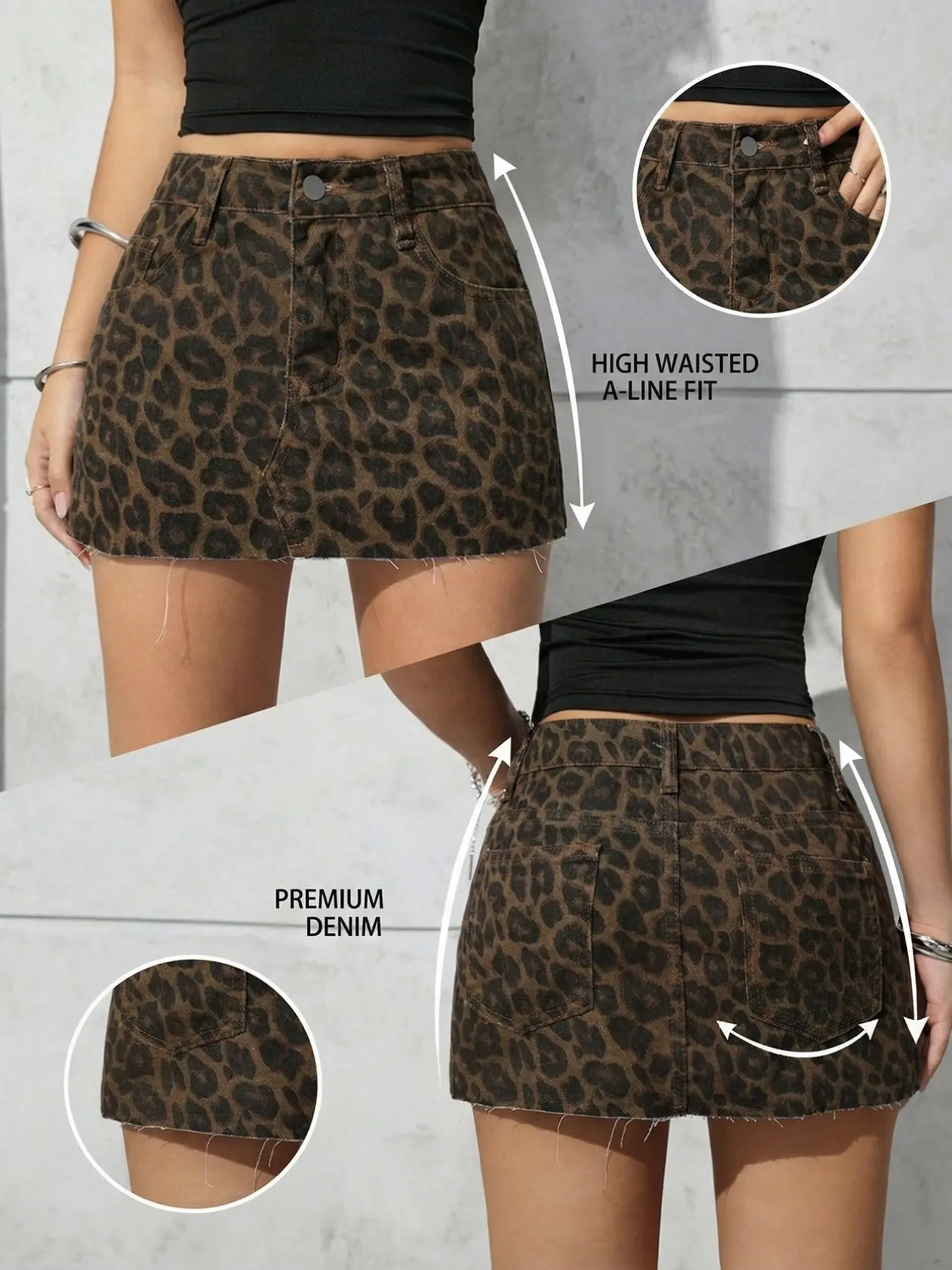 Women's Leopard Print Denim Skirt, Casual Plain Button Design, Short Jean Style, Mini Skirt, Fit, Perfect for Daily Wear & Occasions, Fitted, Street Fashion Skirt