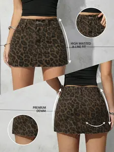 Women's Leopard Print Denim Skirt, Casual Plain Design, Short Jean Style, Fit, Perfect for Daily Wear & Occasions