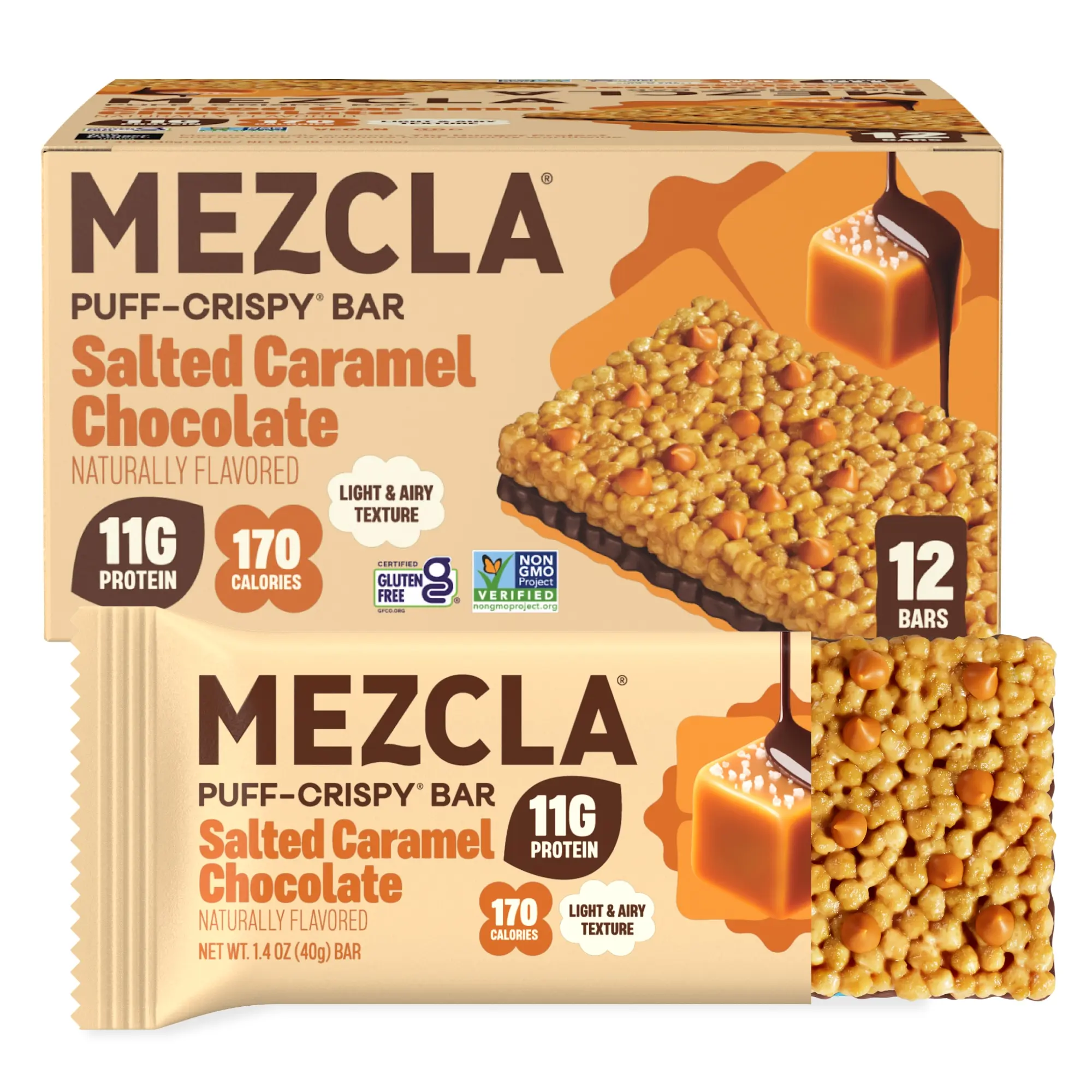 Mezcla Salted Caramel Chocolate Puff Crispy Protein Bar, 11g Plant Protein, Vegan Treat