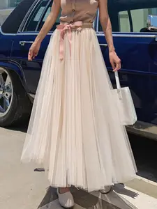 Women's Colorblock Style Bow Decor Tulle Skirt, Elegant A Line Mesh Skirt for Party Holiday Wedding Guest, Ladies Bottoms for All Seasons