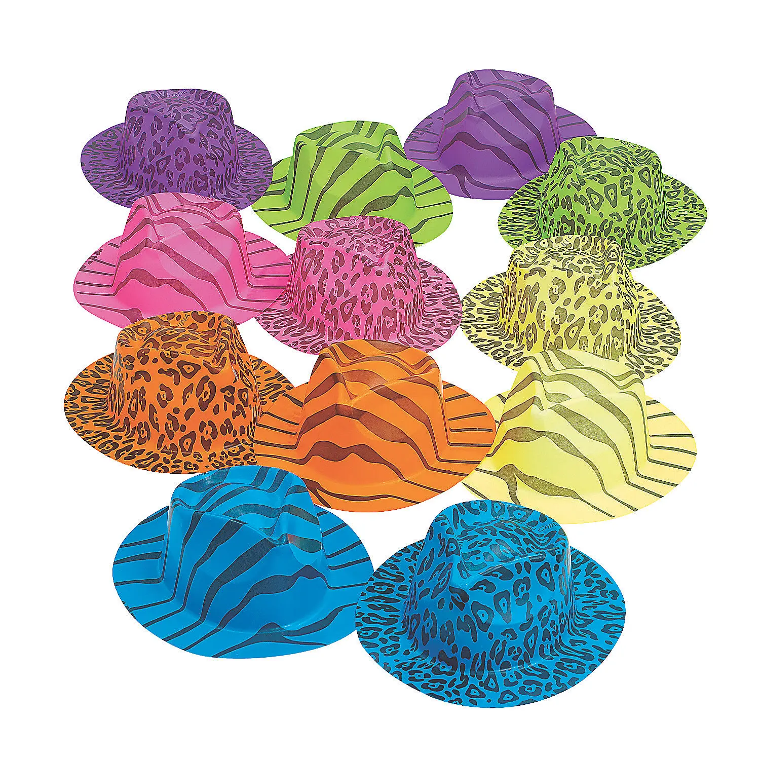 Unisex 12-Piece Neon Animal Print Plastic Cowboy Hats - Fun Costume Accessories, Graphic Motifs Hats, Party Favors, Western Rodeo Outfit Props, Multicolor Assortment