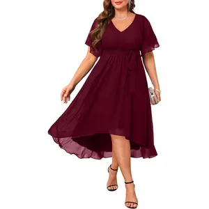Plus Size Dresses Wedding Guest - Formal Cocktail Chiffon V Neck Short Sleeve High Low Dress Curvy Women2026