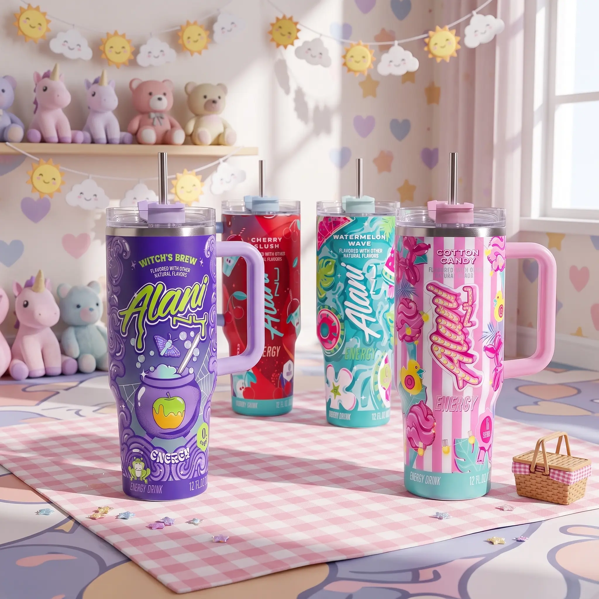 Alani 16 Different Style Tumbler With Handle - Cotton Candy Energy Drink for Extreme Sports Athlete - Watermelon Wave, Strawberry Sunrise, Insulated Travel Mug With Straw Lid Portable Water Bottles Drinkware