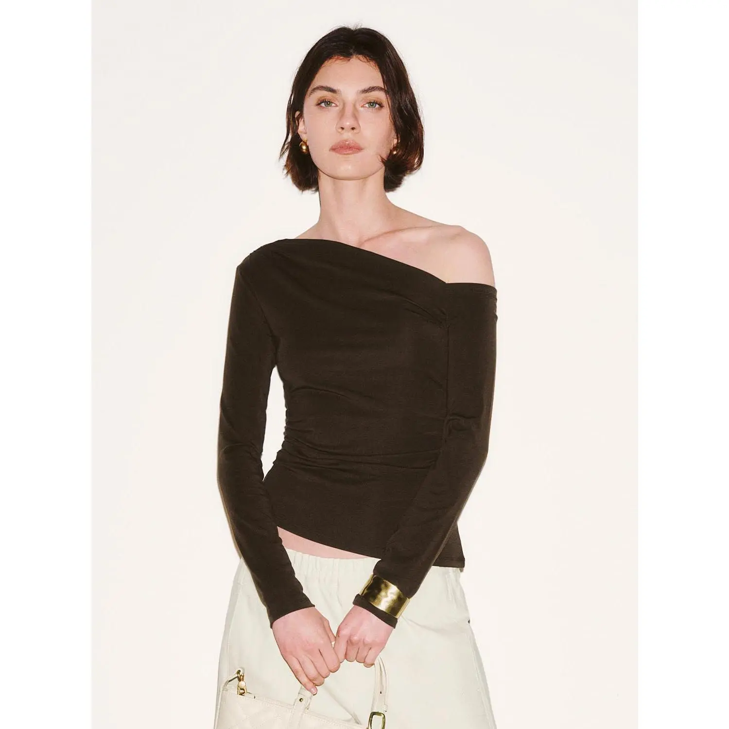 URBAN REVIVO Cinched 1-Shoulder Top, Women's Long Sleeve Streetwear Style in a Stretch Lyocell Blend, Cinched Waist, Elastane, One Shoulder
