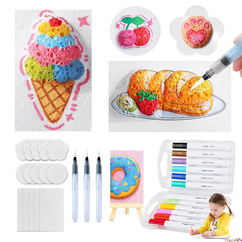 Magic Foam Texture Painting Kit 3D Puffy Paint Set with 15 Textured Foam Sheets 12 Bright Acrylic Markers 3 Water Brushes DIY Creative Craft for Kid's Drawing Creative Gift Toys Children's Art Set Toys Multifunction