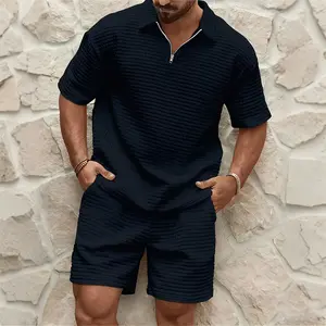Men's 2-Piece Waffle Knit Zip-Up Short Sleeve Jacket & Drawstring Shorts Set, Casual Athletic Athleisure Outfit for Summer Daily, Indoor & Outdoor Menswear Sportswear