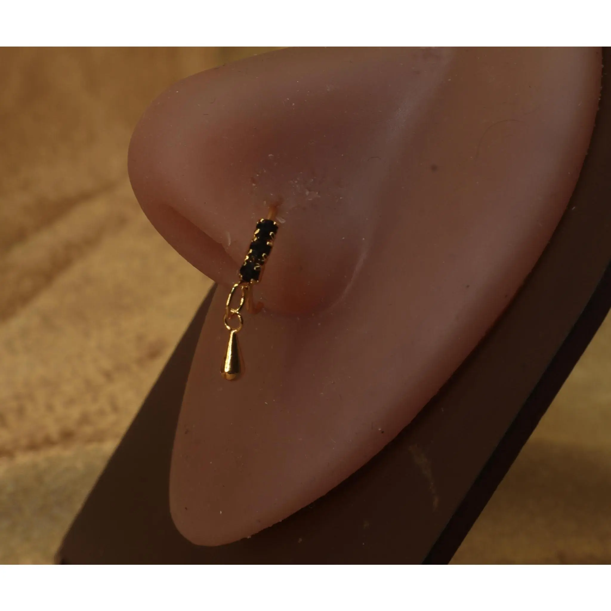 Elegant Black Gemstone with Teardrop Dangling Nose hoop