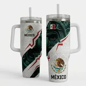 [MADE IN US] Mexico Aztec Eagle 40oz Tumbler With Handle & Straw, MÉXICO Flag Stainless Steel Insulated Travel Mug, Mexican Heritage Coffee Cup, Patriotic Mexico Aesthetic Tumbler, Hot & Cold Drinkware, Mexico Soccer Gift, TikTok Viral Hispanic Pride Cup