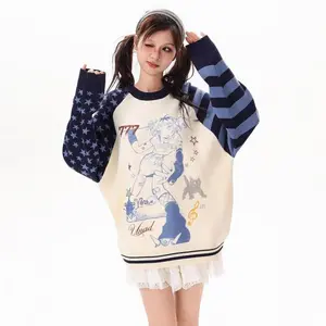 Autumn Cartoon Printing Harajuku Grunge Sweaters Streetwear Vintage Patchwork Jumpers Women Y2k Aesthetic Casual Loose Pullovers