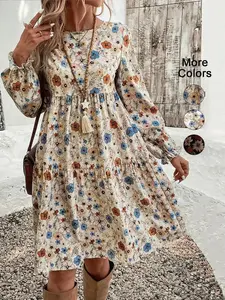 Women's Floral Print Tie Neck Flounce Sleeve Woven Dress, Elegant Fashion Casual for Daily Outdoor Wear, Women Spring Fall, Formal, Versatile, Comfort, Style, Outfit, Essential, Trendy, Chic, Classy, Modern