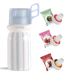 VEEVA® 16oz Blue Stripe Classic Scented Thermos Bottle with 3 Aroma Pods & Straw - Watermelon Cola Strawberry Flavors BPA-Free Leak-Proof Dishwasher Safe
