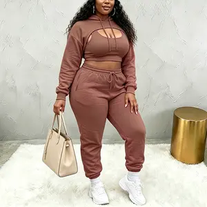 Women Three-Piece Outfit Tracksuit - Crop Hooded Long Sleeve Sweatshirt, Fleece-Lined Vest, High-Waisted Comfortable Drawstring Pants, Perfect for Casual Athletic Streetwear Workout Running Clothes Summer Sportswear Relaxed Daily Sweatsuit Set