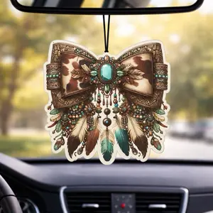 Turquoise Bow Car Freshie | Western Cowhide Air Freshener | Handmade Boho Car Accessory | Long Lasting