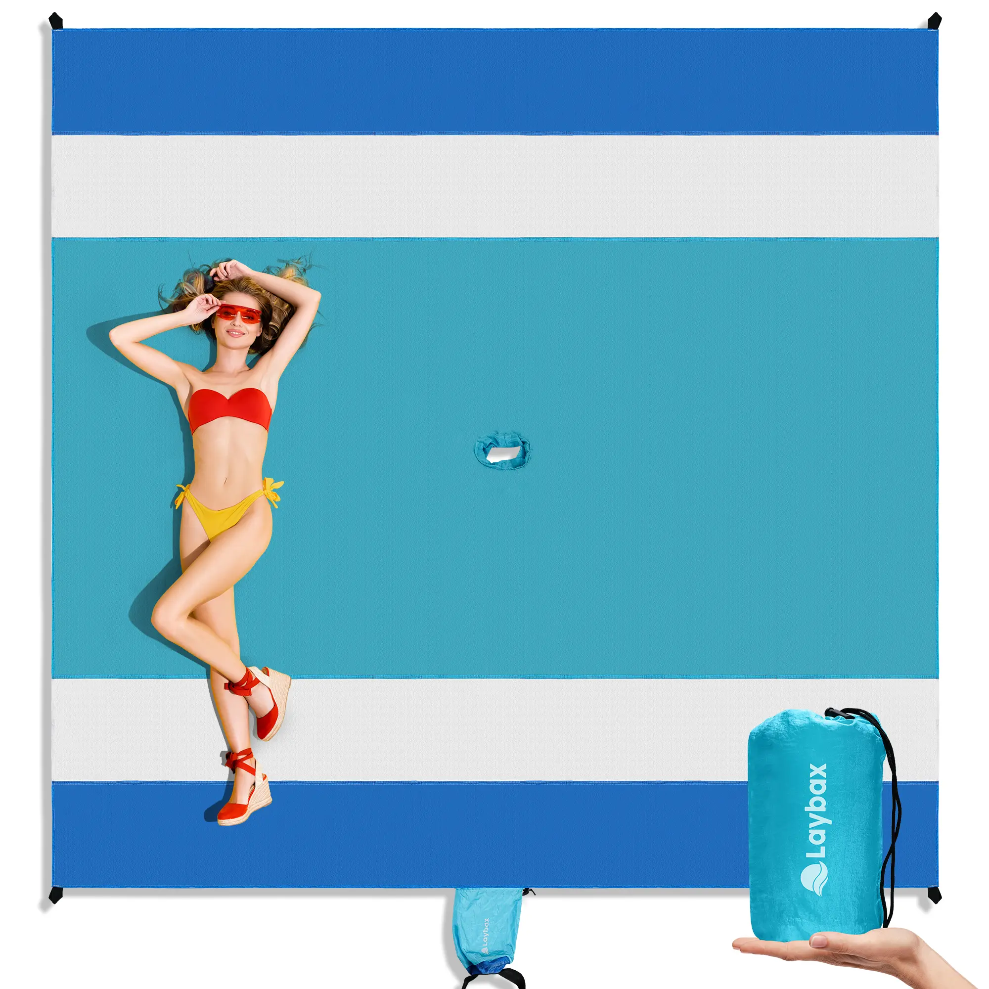 Laybax Extra Large Sand Free Beach Blanket, 10 Foot Blanket with Retractable Umbrella Hole, XL Sandproof Beach Mat with Sand Pockets & Stakes, Blue
