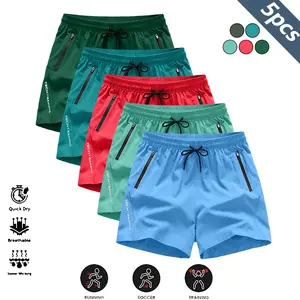 Men's Casual Sport Shorts 5-Pack - Wrinkle-Resistant Polyester Blend, Loose Fit, Drawstring Waist, Solid Color, Minimalist Design, Smooth Texture, Quick Dry, Breathable, Suitable for Gym, Outdoor Activities, Men’s Shorts