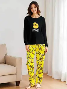 Women's Fun 'i Don't Care' Print Long Sleeve Pajama Pants Set, Duck Pattern, Casual Fashion Home Wear, Loungewear, 2 Piece