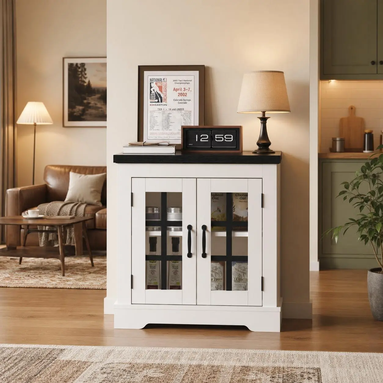 GARVEE Buffet Cabinet with Glass Doors and Storage, Built-in Power Outlet, Walnut Top, White Panel, Versatile Sideboard for Kitchen, Coffee Bar, Pantry, Living Room – Small Size