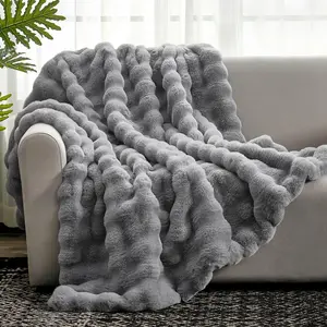 Faux  Throw Blanket for Couch, Fuzzy Soft Plush Thick Bubble Blanket for Sofa Bedroom Living Room,50 * 60 Inches Light Grey