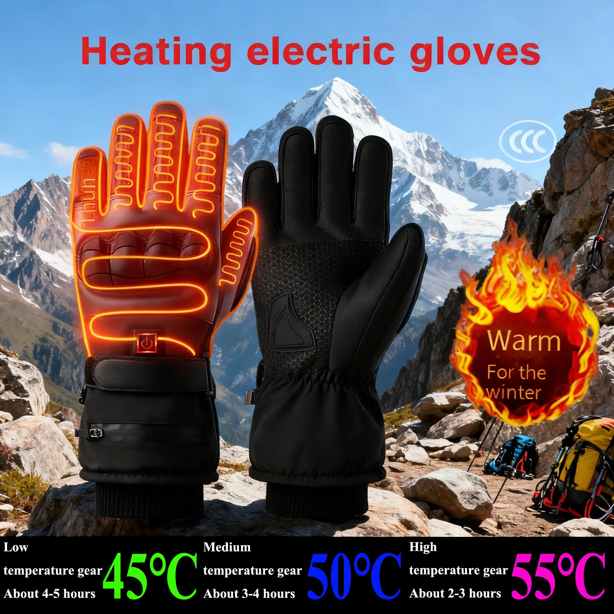 Unisex Heated Outdoor Sports Gloves, 7.4V 5000mAh Rechargeable Full Touchscreen, Waterproof Wind-Resistant Velvet Polyester Gloves with Anti-Slip PU Palm Grip for Winter Skiing, Hiking, 5000Mah 7.4V Rechargeable Li Batteries, 7-Layer Composite Fabric, Adj