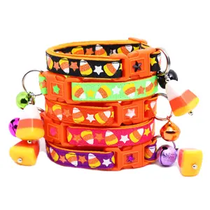 Halloween Candy Corn Breakaway Safety Handmade Cat Collar by Pugs2Persians with Matching Jingle Bell & Charm Trick or Treat