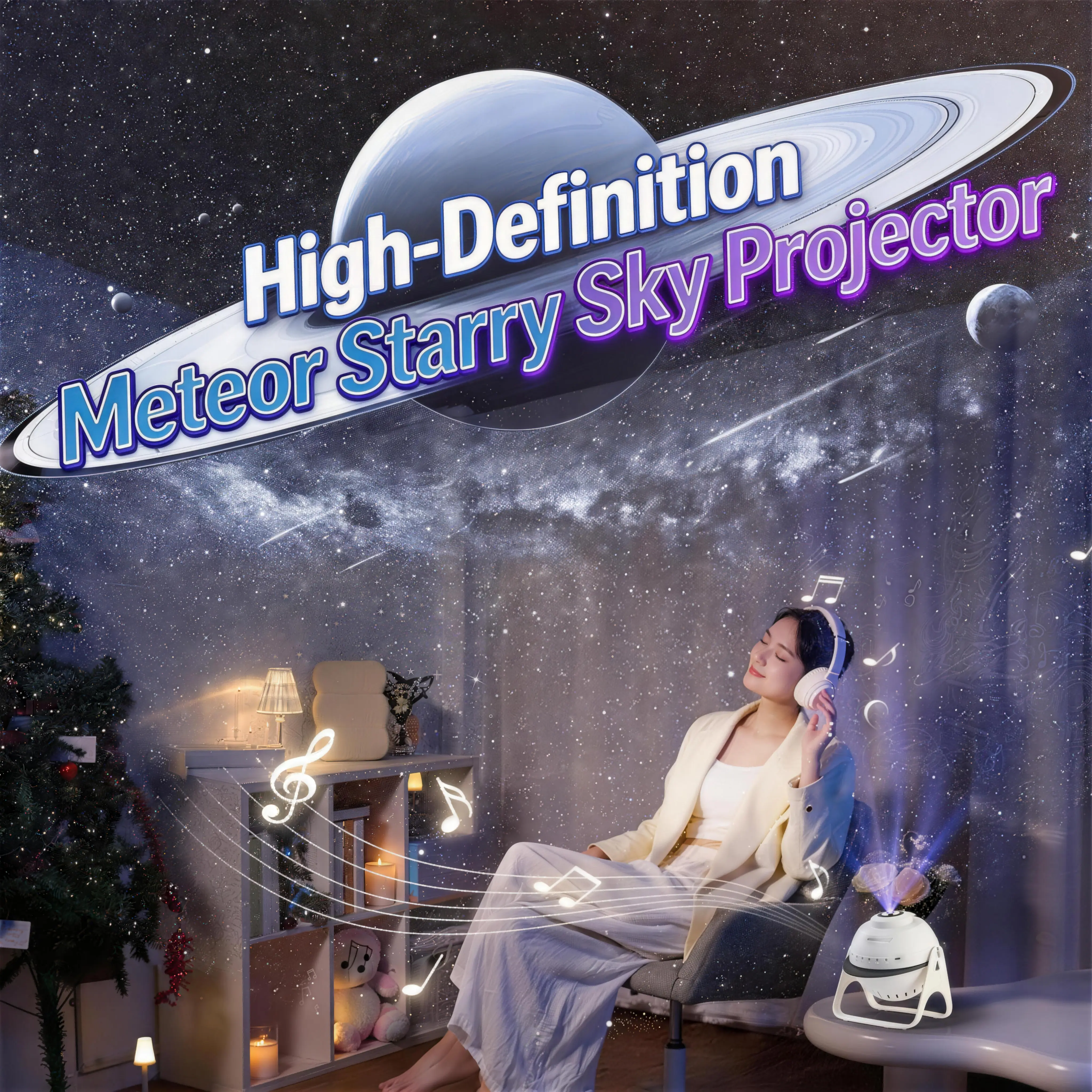 YOUKELUX-M USB+Rechargeable Galaxy Projector with Bluetooth Speaker & 20 White Noise Music for Bedroom,Auto Timer,13 Films,Moving Meteor,Remote Control,Night Light Star Projector