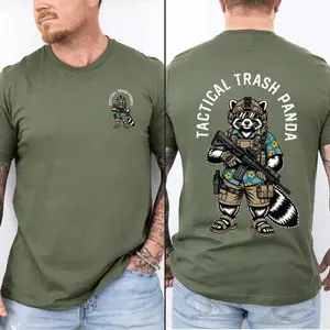 Tactical Trash Panda T Shirt, Funny Raccoon Tactical Gear Graphic Tee, Black Men Streetwear Meme Hawaiian Shirt, Cool Edgy Apparel, Unisex Short Sleeve Tee, Casual Clothing Crewneck Tee