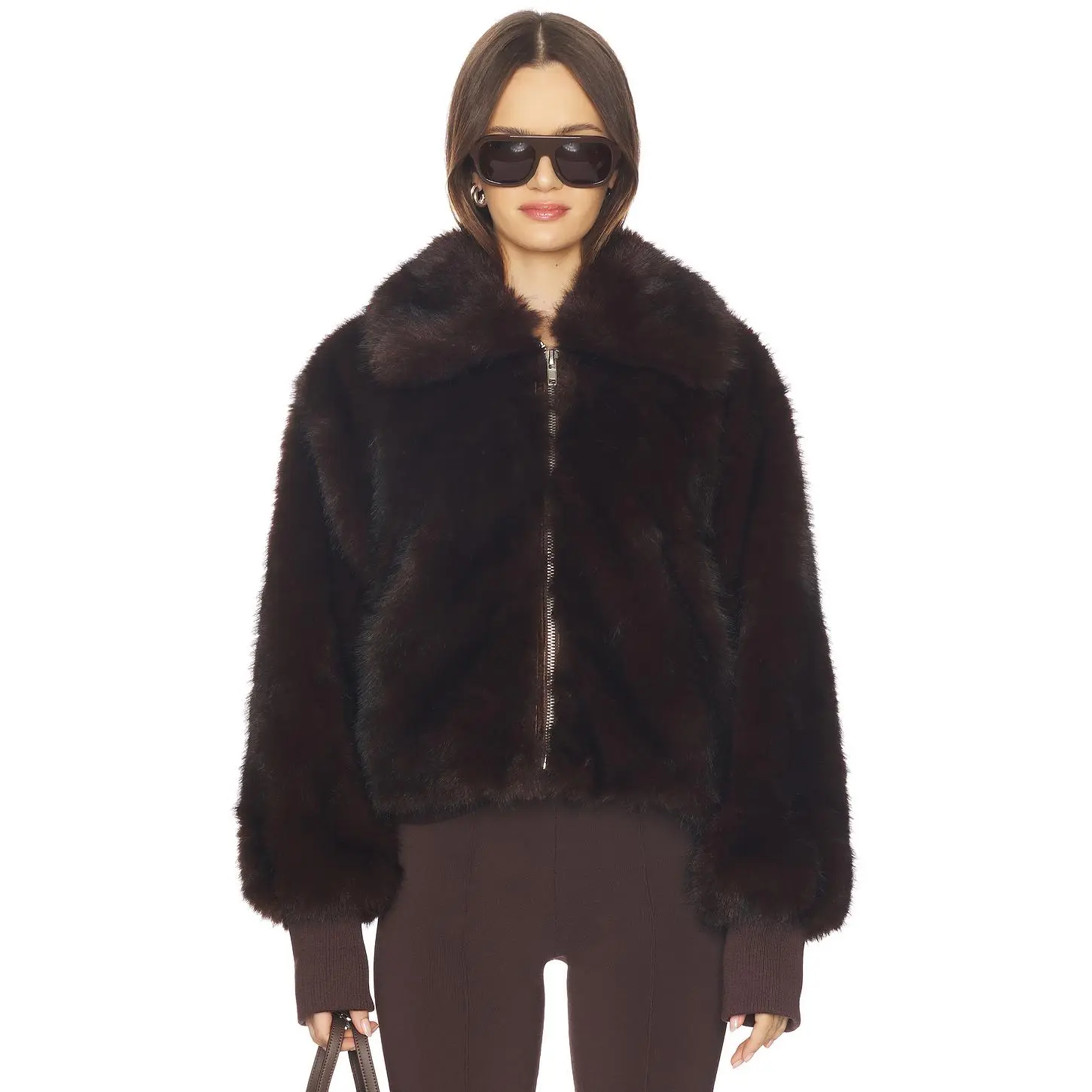 BY.DYLN Reese Faux Fur Bomber Jacket in Chocolate