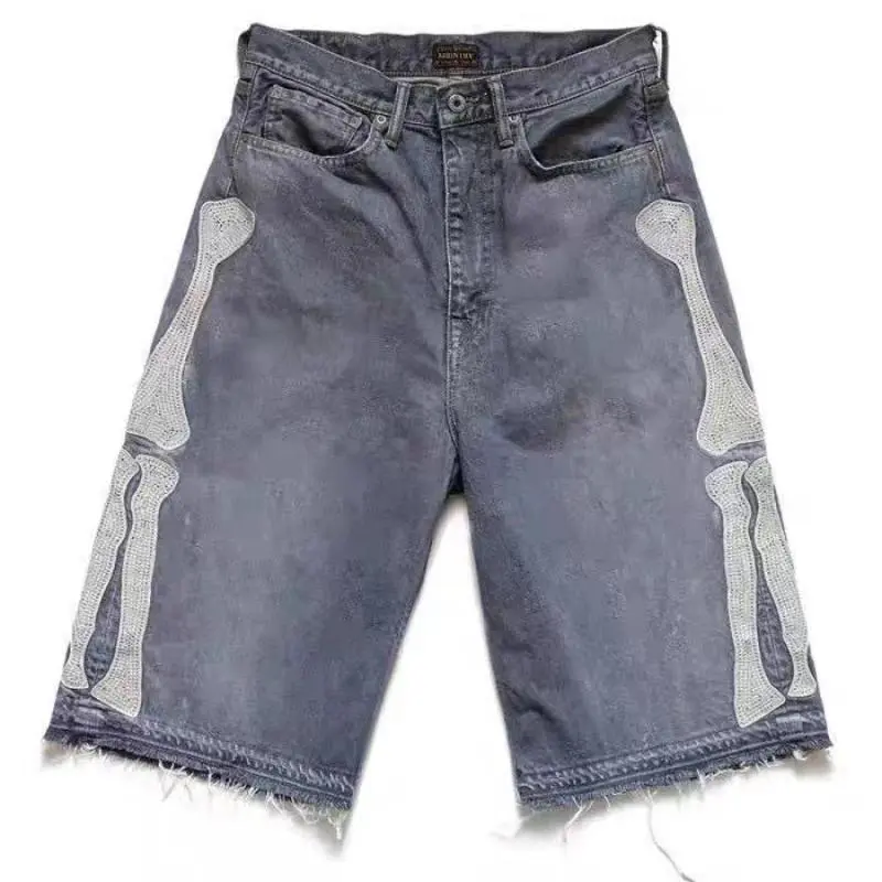 Y2K Retro Harajuku Denim Shorts for Women, Washed Patchwork with Tassels, American Vintage Style, Men's Loose Fit Hip-Hop Bone Denim Shorts, 2025 Collection by IOOTIANY