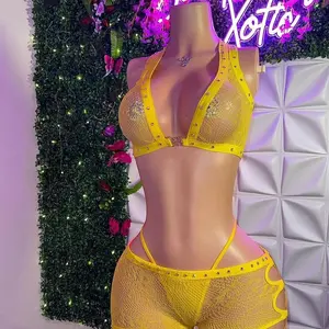 Women’s 3 Piece Fishnet Shorts Set with Rhinestones and Side Tide Shorts Easy Clasp Top