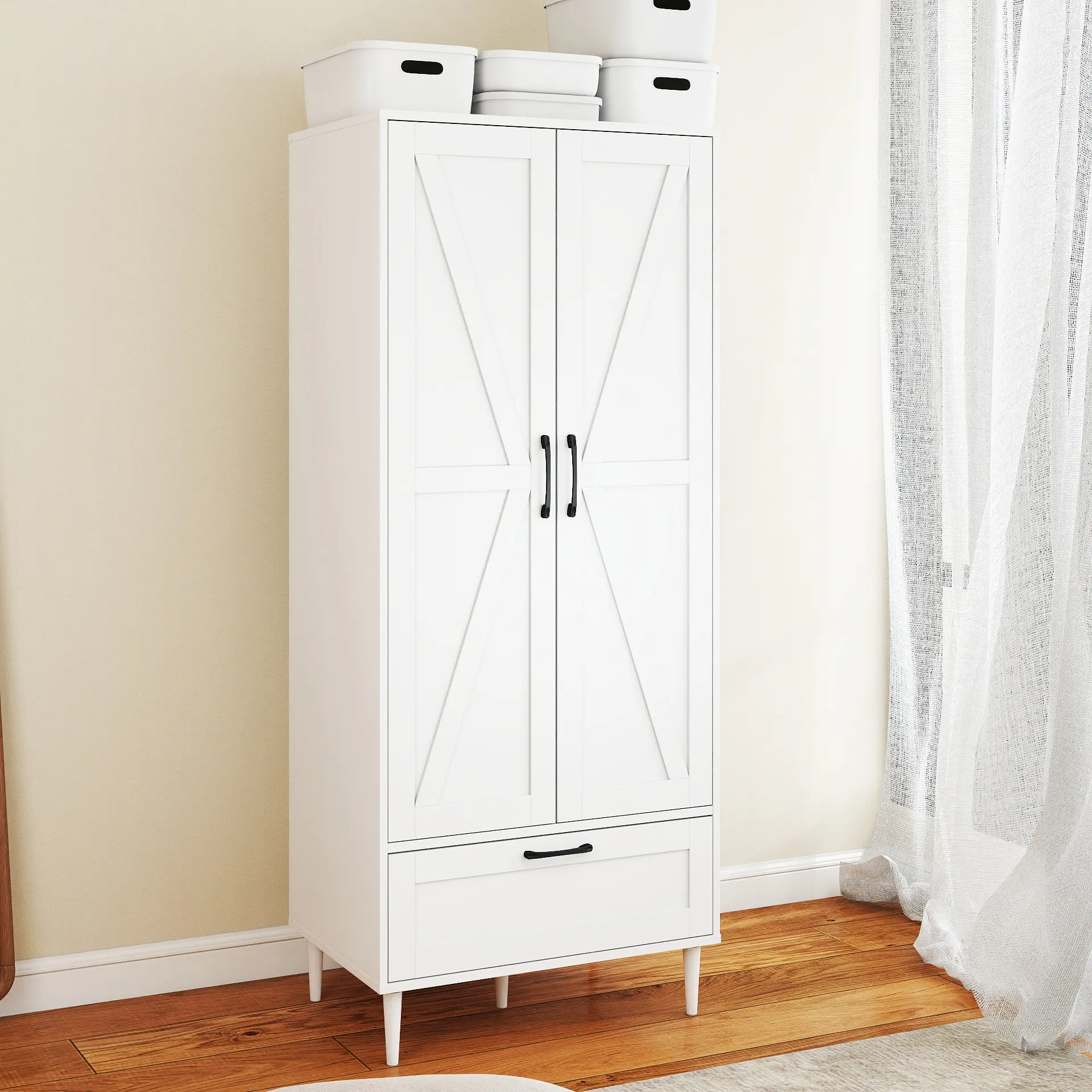 Armoire Wardrobe Closet With 2 Doors, Hanging Rod and Drawer - Freestanding Wooden Wardrobe for Bedroom, 27.5"X18.1"X59.4"