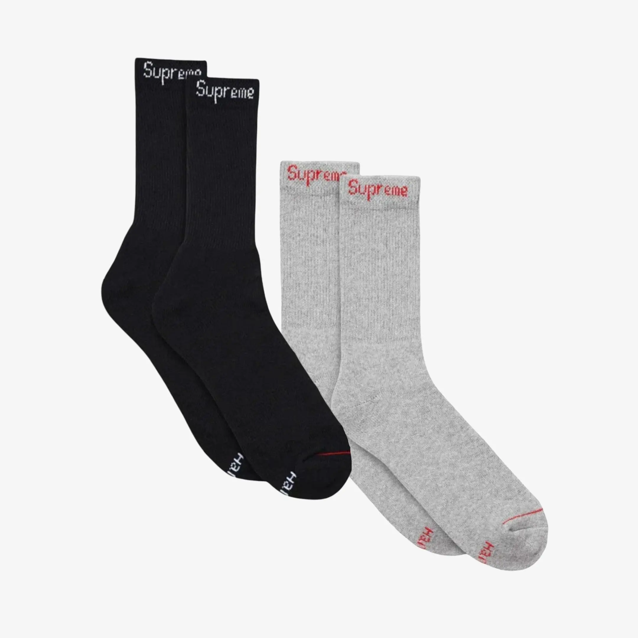 Supreme x Hanes Cushion Crew Socks (1 Single Pair of Each Socks) Black and Heather Grey