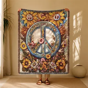 Love And Peace Pattern Bohemian Yarn Jacquard Woven Blanket with Tassel, Thick Soft Washable Blanket, Used for Home Decor Sofa Chair Bed Tapestry Tablecloth Floor Garden Picnic Outdoor Camping, Cozy Throw Blanket