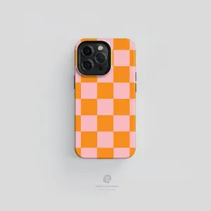Checkered Pink & Orange Tough iPhone Case  iPhone 17 16 15 14 13 12 11 Pro Max Case, iPhone 13 12 Mini Case, iPhone XS Max Case, iPhone XR Case