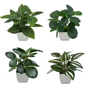 Mini Artificial Plant Set (4pcs), Artificial Faux Plants, Watermelon Leaf + Large Eyebrow + Soybean Leaf Fake Flowers, Home Decor for Living Room, Dining Table, Computer Desk
