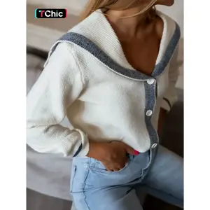 Women's Knitted Lapel Ribbed Button-Down Long Sleeve Color Block Cardigan, Stylish and Elegant Spring and Autumn Fashion