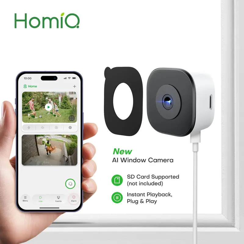 HomiQ.AI Window Security Camera - 3MP 2K Indoor WiFi Cam (2.4GHz/5GHz), Colorvue AI Color Night Vision, Auto-Focus Motion & Person Detection, Bluetooth Pairing, 24/7 Recording, Secure Storage, Self-Adhesive Screwless Easy Installation, Monitoring, Safety