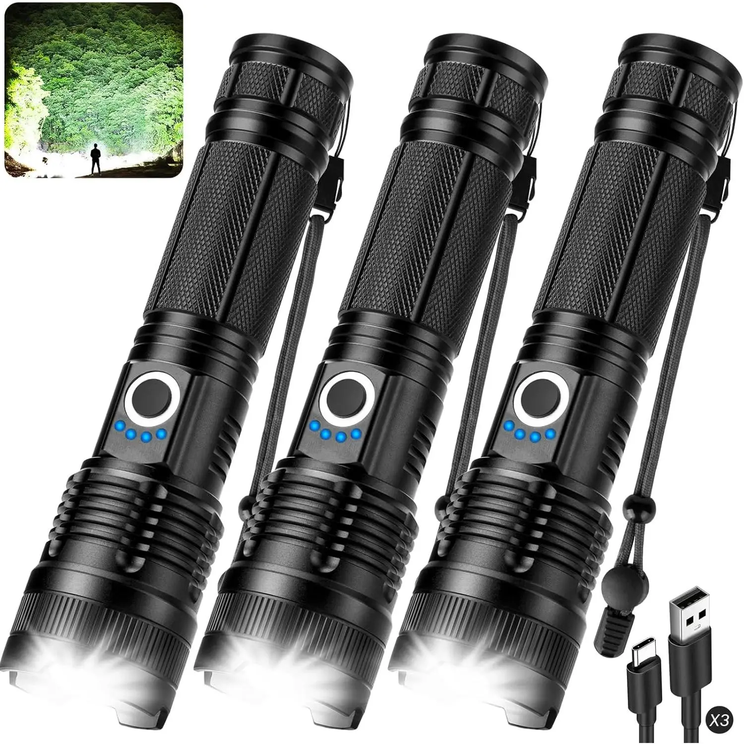 3-Pack Powerful Handheld Rechargeable High-Lumens Flashlights - 99000LM Super Bright LED Light, 5 Modes, Waterproof, for Home, Camping (L-3P), Powerful Handheld Flashlights, Rechargeable Flashlights High Lumens