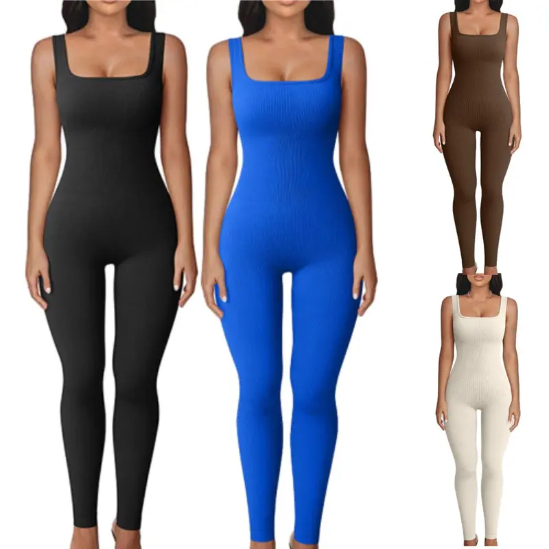 Women's Sleeveless Slim Fit Ribbed Seamless Hip Lifting Square Neck Exercise Jumpsuit Outdoor Activity Elastic Sportswear